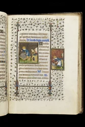 Ms 62 f.215r Szent Eligius szentélyt készít; Szent Eligius egy üllőnél, az Órák könyvéből, 1445-50 körül (vellum)