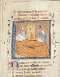 Miniatűr Guillaume de Lorris és Jean de Meun Roman de la Rose kéziratából, 1365 körül