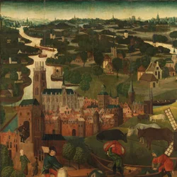 A Szent Erzsébet napi árvíz Oltárkép bal külső szárnya a Szent Erzsébet árvízzel, 1421. november 18-19., Dordrecht városával a háttérben
