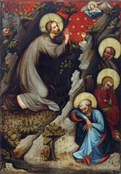 Agonie dans le jardin des Oliviers – Krisztus az Olajfák hegyén – Wittingau mestere (a treboni oltár mestere) (aktív kb. 1380-1390). Tempera, panel, kb 1380. Nemzeti Galéria, Prága