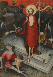 A Feltámadás. A treboni oltárról - Wittingau mestere (a treboni oltár mestere) (aktív kb. 1380-1390). Tempera panelen, kb 1380. Mérete: 132x92 cm. Nemzeti Galéria, Prága
