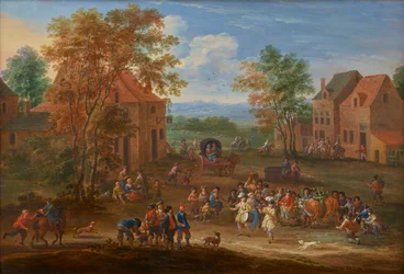 Falusi tájkép, a húsvéti ökör felvonulásával, 1650-90 körül (olaj, tábla)