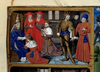 Jelenetek Nagy Károly (742-814), a frankok királyának életéből: a koronázás III. Leó pápa által. Miniatúra Beauvais-i Vince (1184/94-1264) „Speculum historiale“ (A történelem tükre) című kéziratából, François mester illuminálásával (15)