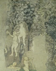 Fürdő férfiak részlete a pápák csarnokának dekorációs sémájából, 1437-es freskó