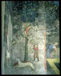 Vadászkutyák és fára mászó férfiak, a La Chambre du Cerf Legényszoba 1347-es freskójának dekorációs sémájának részlete