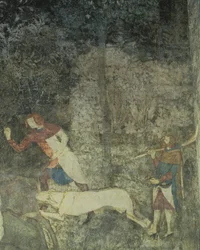 Kutyákkal vadászó férfiak, a La Chambre du Cerf Legényszoba 1347-es freskójának dekorációs sémája