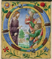 Vágás egy misekönyvből: O kezdetű Krisztussal, aki ördögűzést végez, c. 1520.
