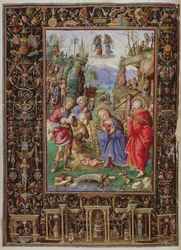 Yates Thompson 29 f.15b-16 A pásztorok imádása, a „Bonaparte Ghislieri óráiból”, Bologna, 1500 körül (vellum)