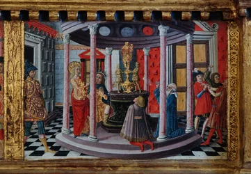Madonna és gyermeke Szent Jakab, Augustinus, Bernardinus és Margit szentekkel, a 14. század első évtizedei (tempera, tábla)