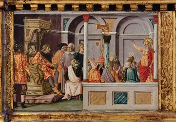 Madonna és gyermeke Szent Jakab, Augustinus, Bernardinus és Margit szentekkel, a 14. század első évtizedei (tempera, tábla)