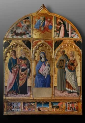 Madonna és gyermeke Szent Jakab, Augustinus, Bernardinus és Margit szentekkel, a 14. század első évtizedei (tempera, tábla)