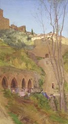 Mosodai nő a mosókútnál, San Gimignano, Olaszország