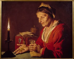 Kapzsiság - Egy idős nő gyertya fényében nézi az aranyérméit, amiket most jött ki rejtekhelyéről - Mathias Stomer (Matthias Stom) festménye (1600-1650) Ec Flam