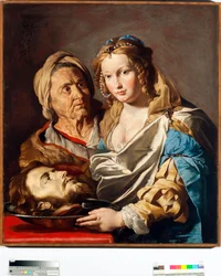 Salome Keresztelő Szent János fejével ezüst tányéron Mathias Stomer (Matthias Stom) festménye (1600-apres 1655) Mérete 100x90 cm Genes, Musei di Strada Nuova (ex Palazzo Bianco) Olaszország