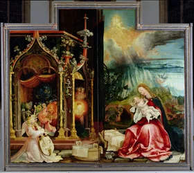 Az isenheimi oltár. Középső tábla: Angyalok koncertje és Krisztus születése, 1506-1515