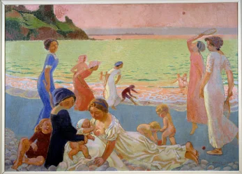 Szeptember este Fiatal nők és gyerekek a strandon a nap végén, anya szoptat, mások hócipőt játszanak, 1911 (olaj, vászon)