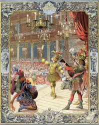 XIV. Lajos, Isaac de Benserade (1612-1691) librettójának „Ballet de la Nuit” résztvevője napfényes öltönyben a párizsi Little-Bourbon (Petite Bourbon) nagytermében, február 23-án