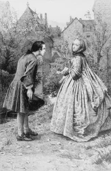 A fiatal Jean-Jacques Rousseau és leendő közeli barátja, Madame de Warens találkozása, 1728. március 21. (metszet)