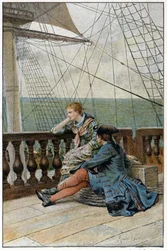 Prevost abbé (1697-1763) francia író „Manon Lescaut és a Chevalier Des Grieux története” című hajón. Metszet Maurice Leloir rajzai alapján (1885).