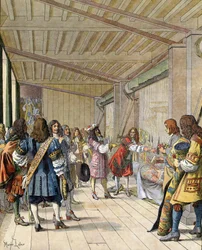 Charles Lebrun (Le Brun) festő (1619-1690), a gyártás igazgatója elmagyarázta XIV. Lajosnak, akit Le Roi-Soleilként (Soleil király vagy Nagy Lajos) ismernek.