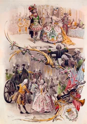 Esküvői menü Maurice Leloir (1851-1940) kosztümös bálokkal és galantes jelenetekkel, 1900.06.04.
