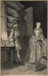 A lopás felfedezése - Abbé Prévost (1697-1763) francia író „Manon Lescaut és Des Grieux lovag története” című művében. Metszet Maurice Leloir rajzai nyomán (1885).