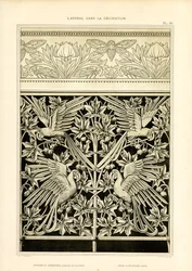 Díszkompozíciók papagájokkal és kabócákkal (litográfia)