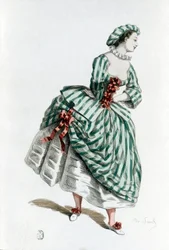Colombina (Corallina) jelmeze és álarca 1855-ben, a commedia dell