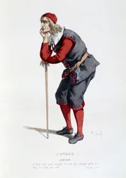 Jelmez Harpagon alakjához Molière (Jean-Baptiste Poquelin) „A fösvény” című darabjában. Maurice Sand (1823-1889) illusztrációja, 19. század, Párizs, Comédie-Française