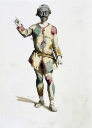 Harlekin (Arlecchino) a „Masques et bouffons” (olasz vígjáték) című műből, szöveg és rajzok Maurice Sandtól, nyomatok A. Manceau-tól, előszó Georges Sandtól