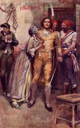 Lucy búcsút vesz Sydney Cartontól, Charles Dickens „A Tale of Two Cities” című művéből (színes litó)