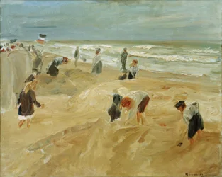 Gyermekek játszanak a noordwijki strandon (strandjelenet Noordwijkban).