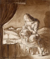 Éjszakai jelenet – gyermekét tápláló nő, 1900-as évek