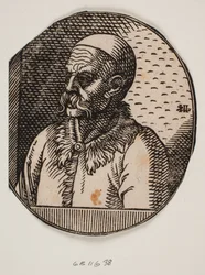 Egy szakállas és kalotti férfi mellképe; 3/4 profil balra