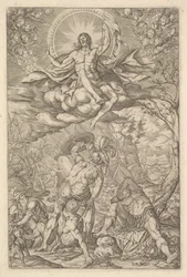 Krisztus feltámadása aureolával és felhőkkel körülvéve, szárnyas putti vonalakkal..., 1577.