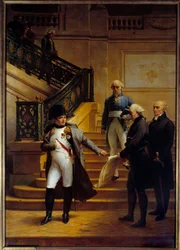I. Napóleon császár (1769-1821) meglátogatja a királyi palotát, a Tribunatus székhelyét, és visszautasítja Beaumont és Fontaine építészek terveit 1807.08.05-én, Merry Joseph Blondel (1781-1853) festménye 1834 V. 2,27x1,63 m Palais Royal, Párizs - Napo csás