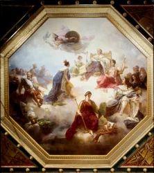 Franciaország a törvényhozó királyok és francia jogtanácsosok közepette megkapja XVIII. Lajos alkotmányos chartáját, a párizsi Louvre-i Camondo-terem mennyezetét.