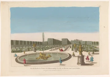 Kilátás a szökőkútra a Palais Schwarzenberg kertjéből, Bécs közelében Vue du jardin du Prince de Schwarzenberg du côte du bassin vers le palais körül (cím a tárgyon)