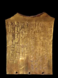 Mezopotámia: Szakáll formájú arany fogadalmi tányér, amelyet Sara istennek szenteltek. Ékírásos felirat borítja. Ummahból. Kr.e. 2370. Párizs, Louvre Múzeum