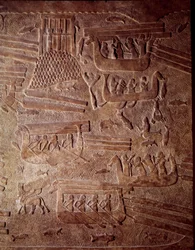 Mezopotámia: a fa Libanonba szállítását bemutató tengeri jelenet. Részlet egy alacsony domborműves albaszterről Khorsabadból (Khunsabad). Sargon Regne II. Kr.e. 710. Párizs, Louvre Múzeum