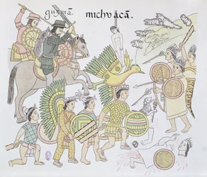 Michoacán csatája a spanyolok és az aztékok között, illusztráció egy mexikói indián képes krónika, a Lienzo de Tlaxcala 1550 körüli fakszimiléjéből, 1892