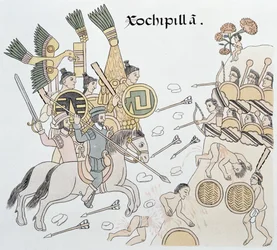 Xochipilla csatája a spanyolok és az aztékok között, illusztráció egy 1550 körüli mexikói indián képes krónika, a Lienzo de Tlaxcala fakszimiléjéből, 1892