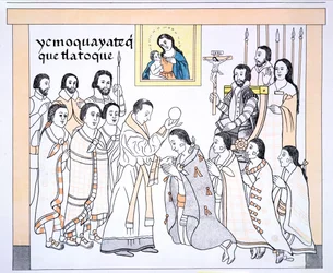 Caciques áldozást fogad egy paptól Hernando Cortes (1485-1547) házában, illusztráció egy mexikói indián képtörténet fakszimiléjéből, Lienzo de Tlaxcala 1550 körül, 1892 (szín világít)