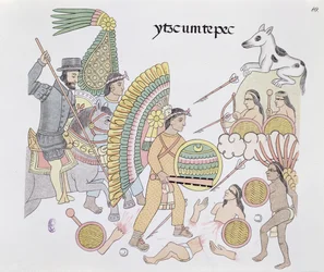 Hernando Cortes (1485-1547), aki Tenochtitlan ostrom alatt áll, elhatározza, hogy elhagyja a várost. Illusztráció egy mexikói indián képtörténet fakszimiléjéből, Lienzo de Tlaxcala 1550 körül, 1892 (színes litó)