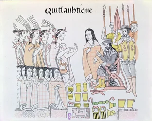 La Malinche (Doña Marina) tolmácsként Montezuma (1466-1520) nők és arany átadásakor Hernando Cortésnek (1485-1547), illusztráció egy mexikói indián képet ábrázoló fakszimiléből