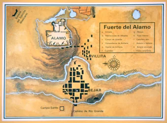 A San Antonio-i Alamo terület térképe Santa Anna eredeti csatatértérképe alapján