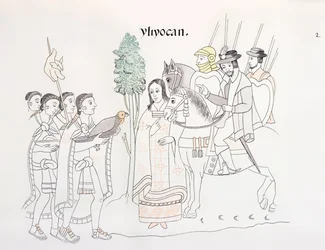 Hernando Cortes (1485-1547) és az aztékok találkozása, illusztráció egy mexikói indián képtörténet fakszimiléjéből, Lienzo de Tlaxcala 1550 körül, 1892