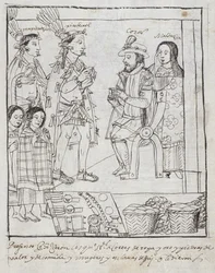 Montezuma találkozik Cortez Ms Hunterrel 242 f.255r Mexikó meghódítása, a Historia de Tlaxcala-ból, Diego Munoz Camargo