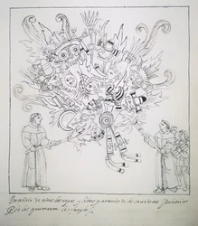 Ms Hunter 242 f.242r Hagyományos könyveket és ruhákat égető ferences szerzetesek, Diego Munoz Camargo Historia de Tlaxcala-ból