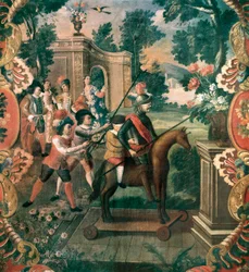 Jelenet Miguel de Cervantes Saavedra (1547-1616) „A csatorna Don Quijotéjából” (A La Mancha zseniális úriembere, Don Quijote)